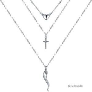 925 Sterling Silver Italian Horn Necklace, Multi-Layered Pendant, 16-20 Inch